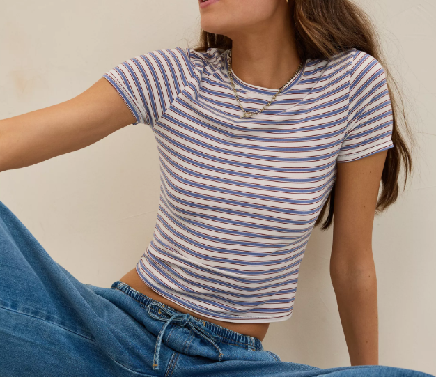 Blue‑Brown Stripe Cropped Fitted Short Sleeve T‑Shirt for Women