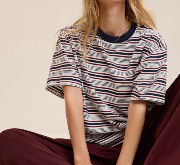 Navy‑Burgundy Color‑Block Stripe Loose Short‑Sleeve T‑Shirt for Women