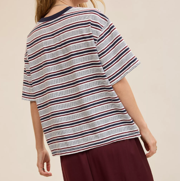 Navy‑Burgundy Color‑Block Stripe Loose Short‑Sleeve T‑Shirt for Women