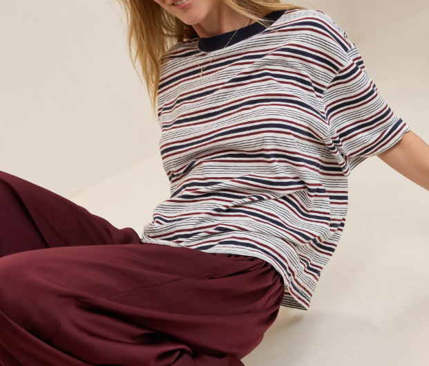 Navy‑Burgundy Color‑Block Stripe Loose Short‑Sleeve T‑Shirt for Women