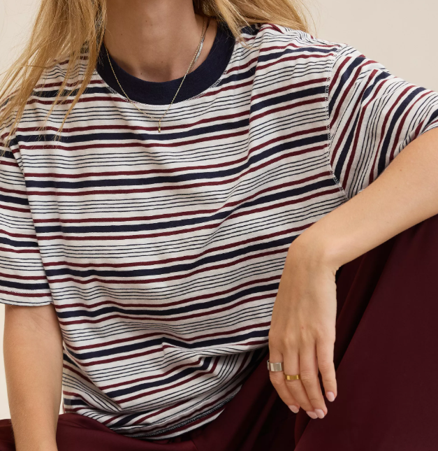 Navy‑Burgundy Color‑Block Stripe Loose Short‑Sleeve T‑Shirt for Women