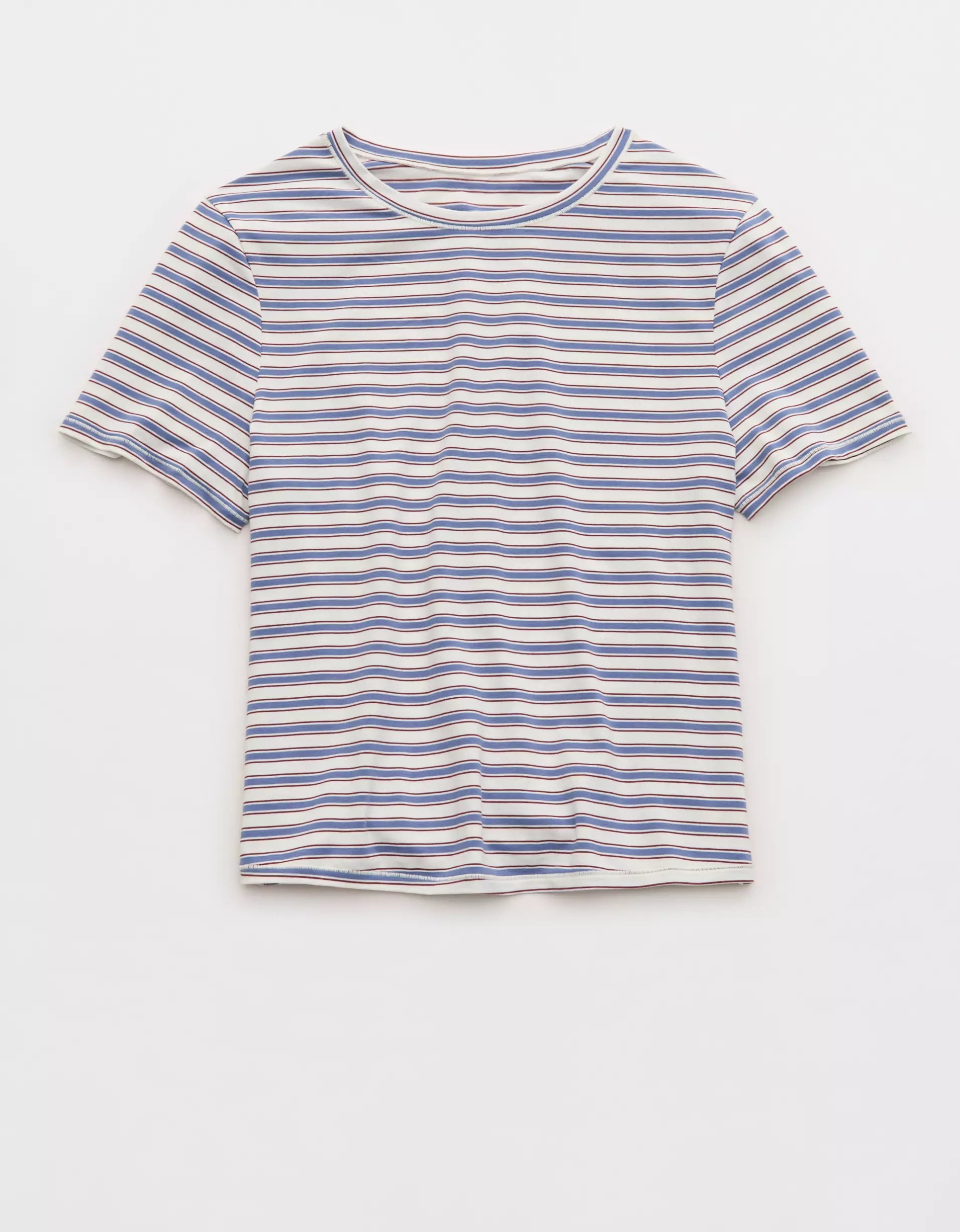 Blue‑Brown Stripe Cropped Fitted Short Sleeve T‑Shirt for Women