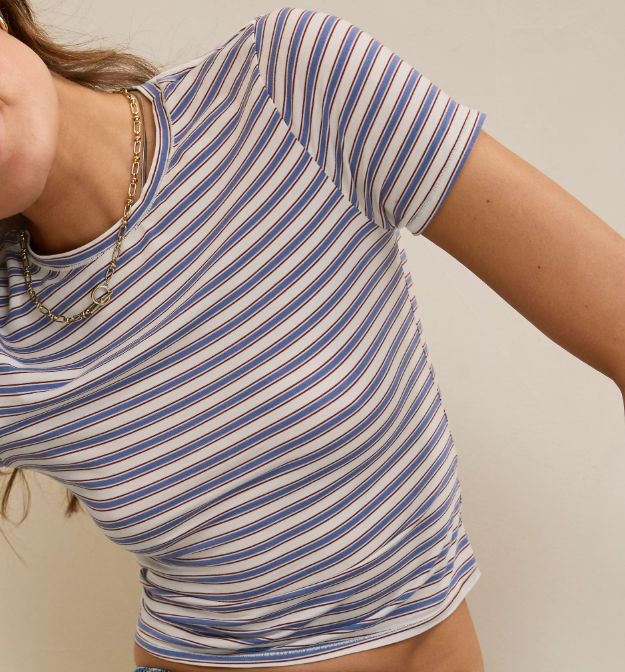 Blue‑Brown Stripe Cropped Fitted Short Sleeve T‑Shirt for Women